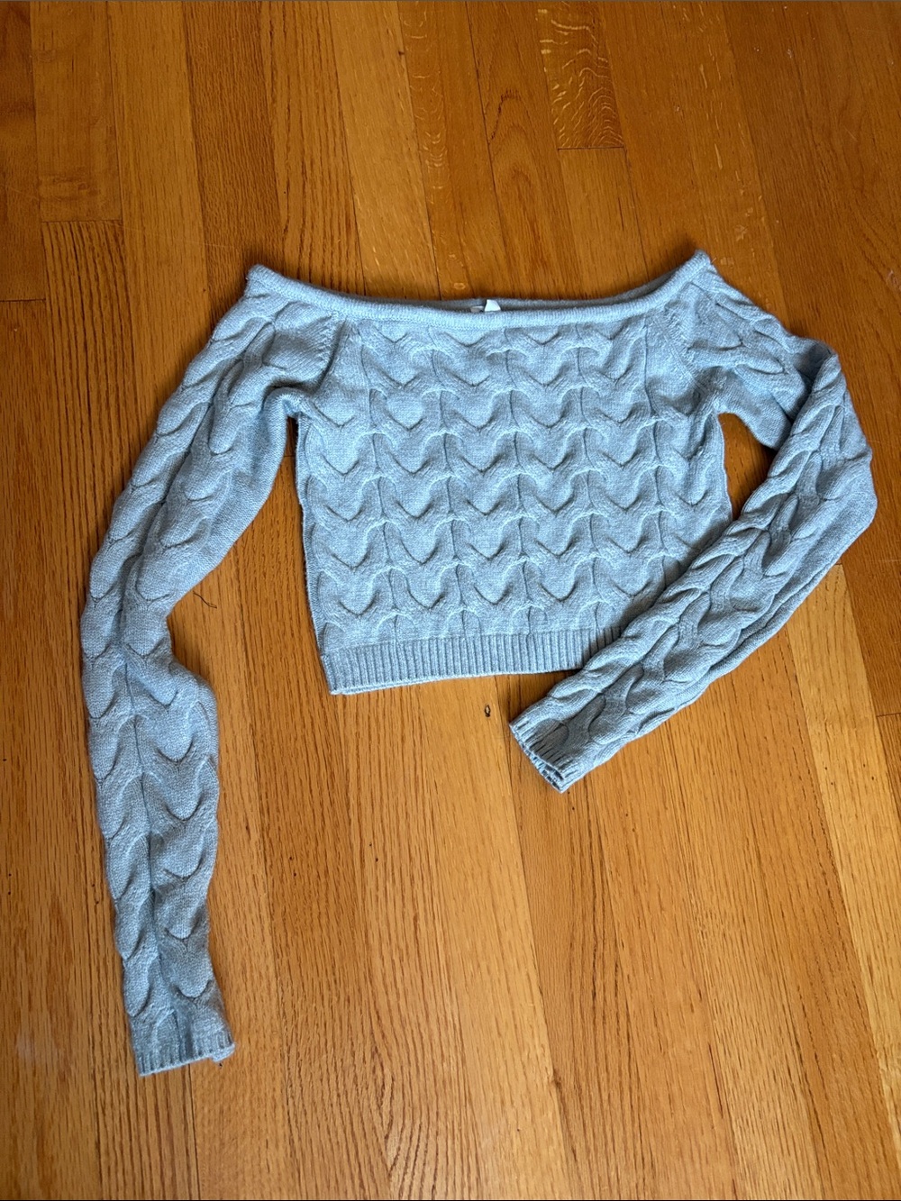 Garage Light Gray Off-Shoulder Cable Knit Crop Sweater